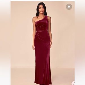 Azazie A-Line One Shoulder Velvet Floor-Length Dress Burgundy A6 NEW